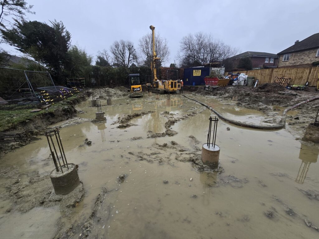 Flooded land whilst doing SFA piling in Surrey
